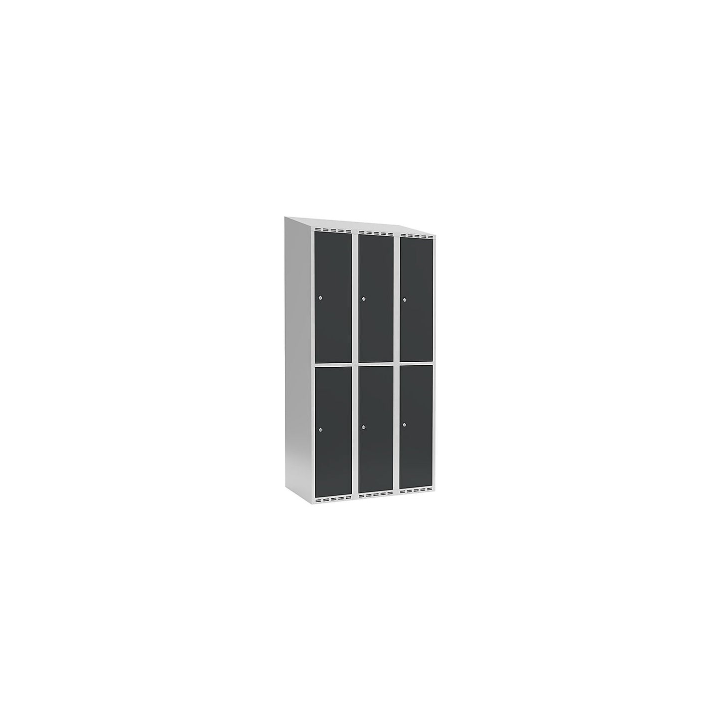 Fydor double deck clothes locker, 3 compartments, light grey / charcoal, W 900 mm, 3 compartments, sloping roof shape, cylinder lock.