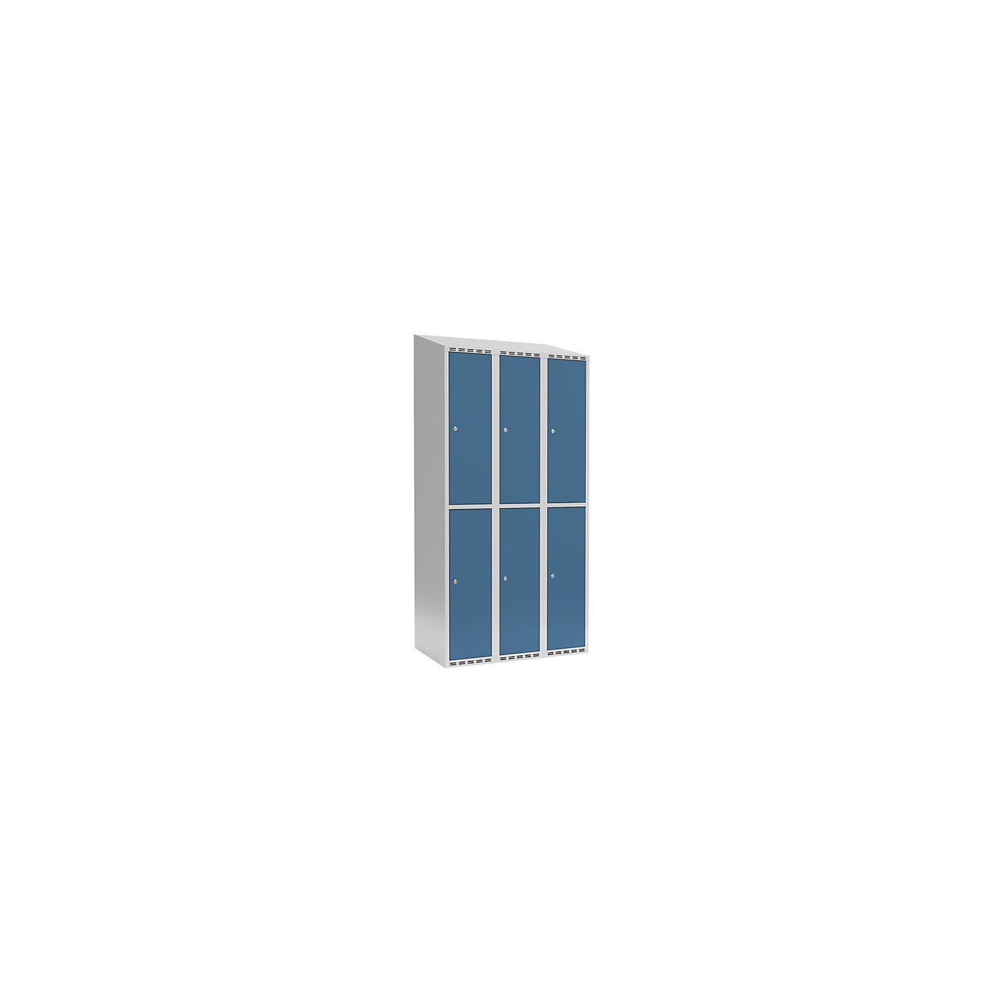 Fydor double deck clothes locker, 3 compartments, light grey / brilliant blue, W 900 mm, 3 compartments, sloping roof shape, cylinder lock.