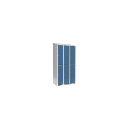 Fydor double deck clothes locker, 3 compartments, light grey / brilliant blue, W 900 mm, 3 compartments, sloping roof shape, cylinder lock.