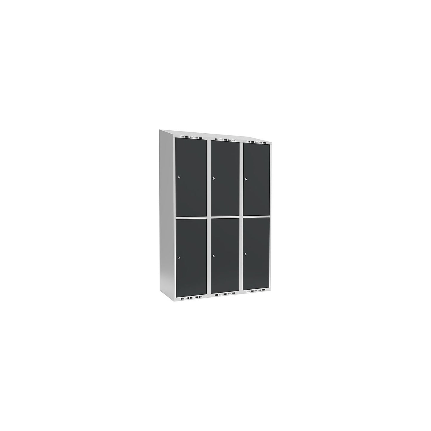 Fydor double deck clothes locker, 3 compartments, light grey / charcoal, W 1200 mm, 3 compartments, sloping roof shape, cylinder lock.