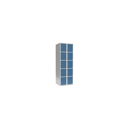 Fydor 5-fold compartment locker, 2 compartments, light grey / brilliant blue, W 600 mm, 2 compartments, flat roof shape, cylinder lock.