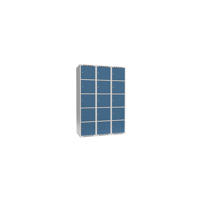 Fydor 5-fold compartment locker, 3 compartments, light grey / brilliant blue, W 1200 mm, 3 compartments, flat roof shape, cylinder lock.
