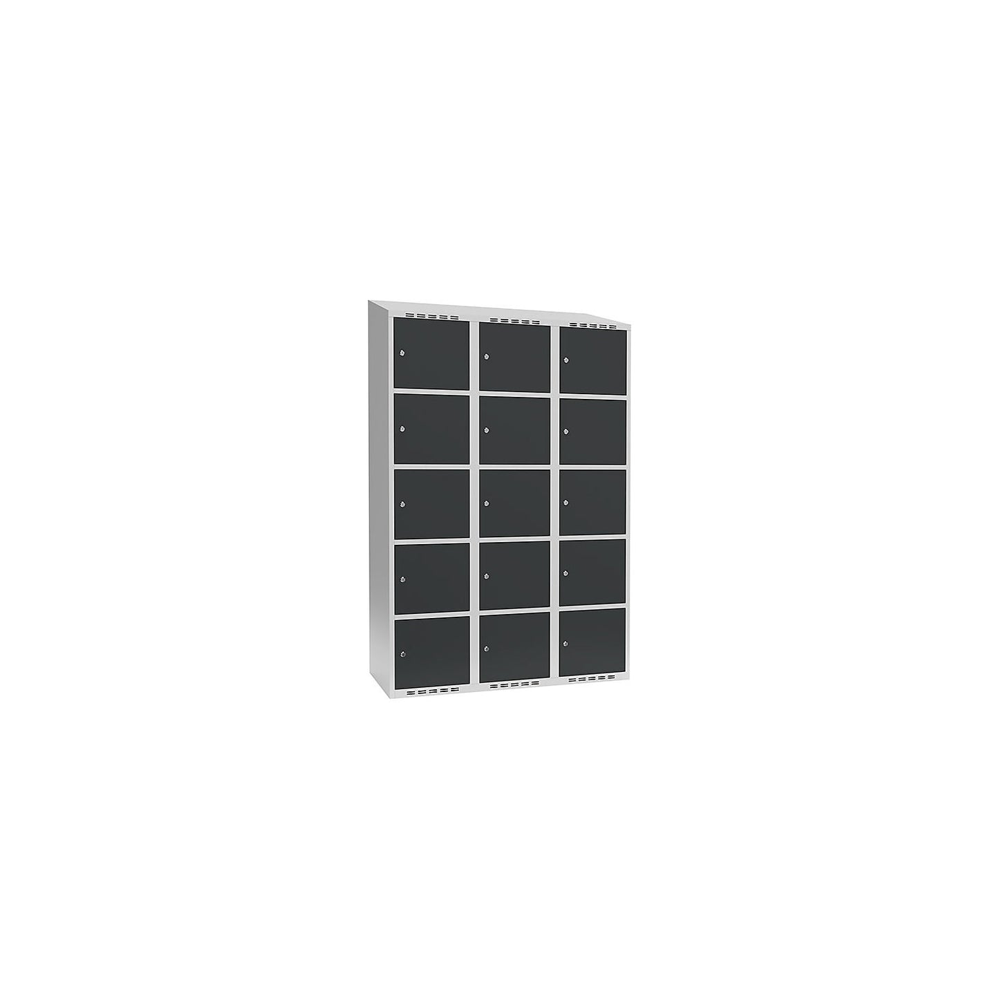 Fydor 5-fold compartment locker, 3 compartments, light grey / charcoal, W 1200 mm, 3 compartments, sloping roof shape, cylinder lock.