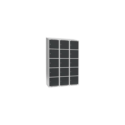 Fydor 5-fold compartment locker, 3 compartments, light grey / charcoal, W 1200 mm, 3 compartments, sloping roof shape, cylinder lock.