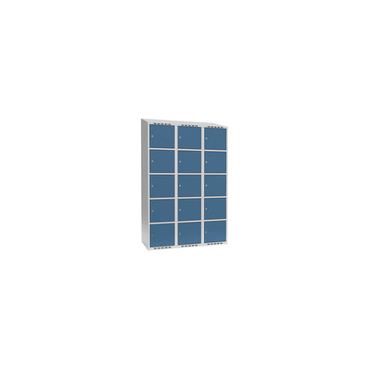 Fydor 5-fold compartment locker, 3 compartments, light grey / brilliant blue, W 1200 mm, 3 compartments, sloping roof shape, cylinder lock.