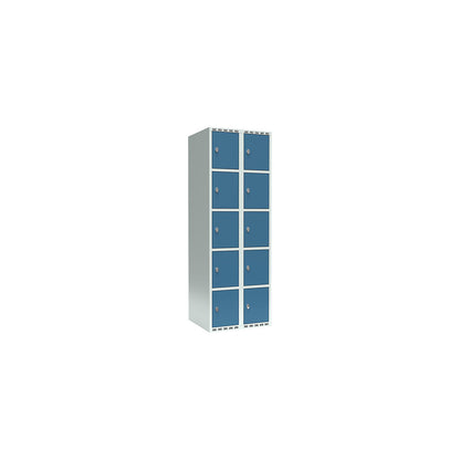 Fydor 5-fold compartment locker, 2 compartments, light grey / brilliant blue, W 600 mm, 2 compartments, flat roof shape, padlock.