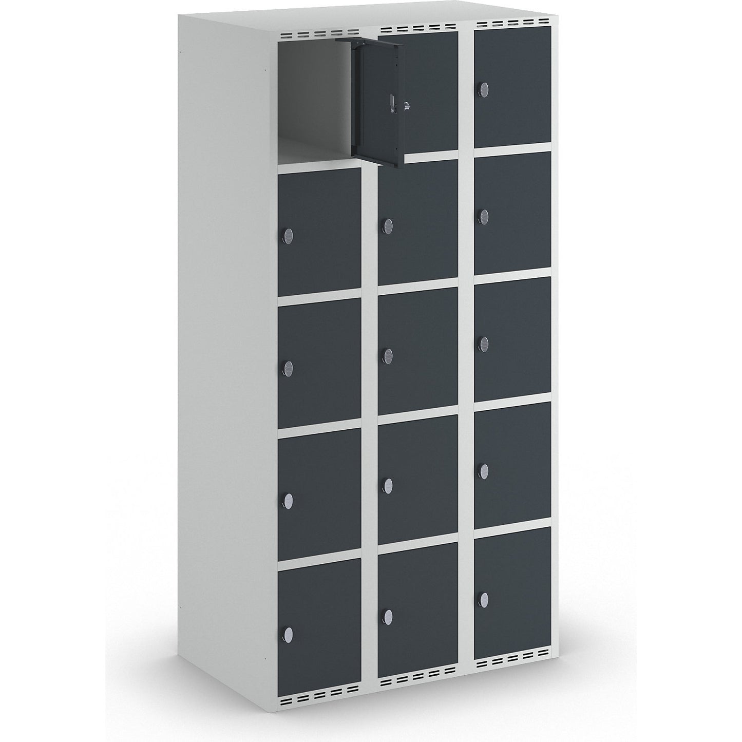 Fydor 5-fold compartment locker, 3 compartments, light grey / charcoal, W 900 mm, 3 compartments, flat roof shape, padlock.