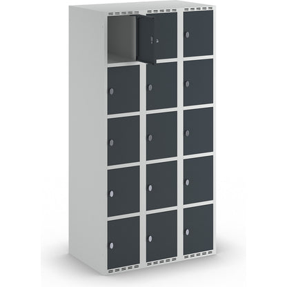 Fydor 5-fold compartment locker, 3 compartments, light grey / charcoal, W 900 mm, 3 compartments, flat roof shape, padlock.