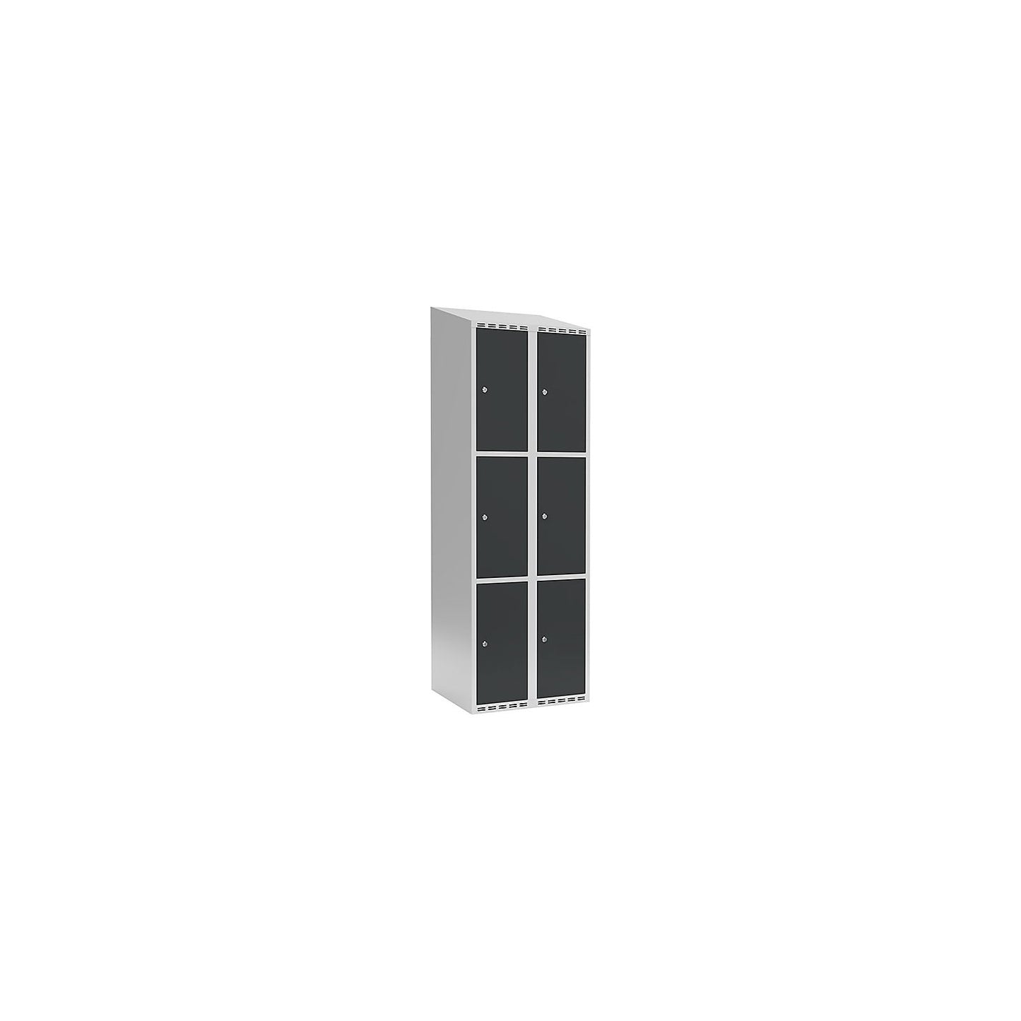 Fydor 3-fold compartment locker, 2 compartments, light grey / charcoal, W 600 mm, 2 compartments, sloping roof shape, cylinder lock.