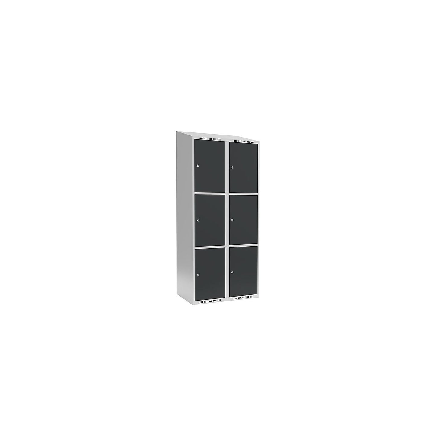Fydor 3-fold compartment locker, 2 compartments, light grey / charcoal, W 800 mm, 2 compartments, sloping roof shape, cylinder lock.