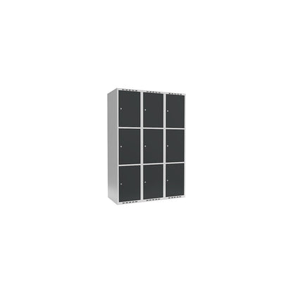 Fydor 3-fold compartment locker, 3 compartments, light grey / charcoal, W 1200 mm, 3 compartments, flat roof shape, cylinder lock.