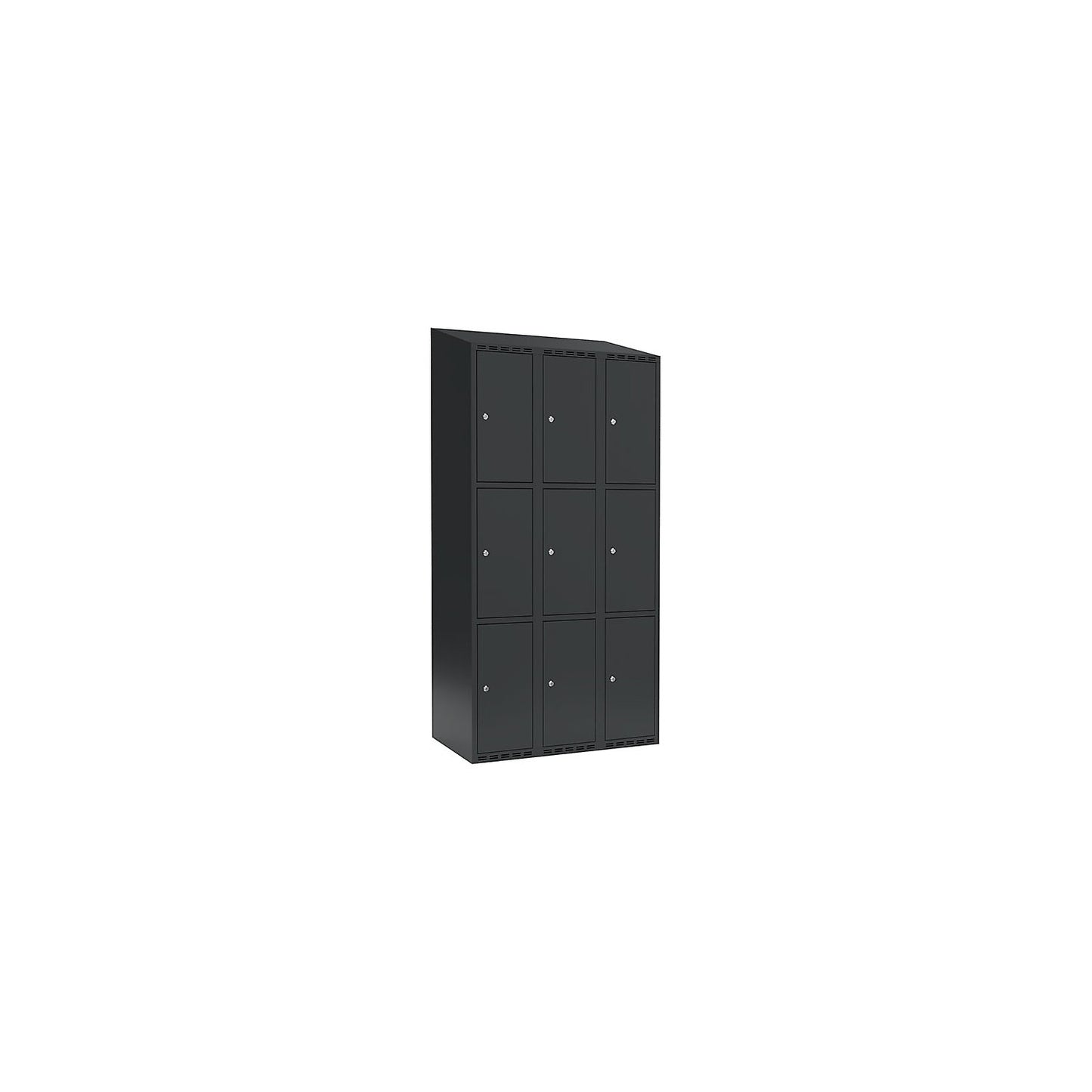 Fydor 3-fold compartment locker, 3 compartments, charcoal, W 900 mm, 3 compartments, sloping roof shape, cylinder lock.
