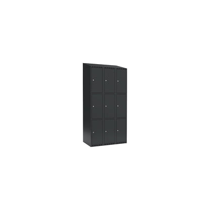 Fydor 3-fold compartment locker, 3 compartments, charcoal, W 900 mm, 3 compartments, sloping roof shape, cylinder lock.