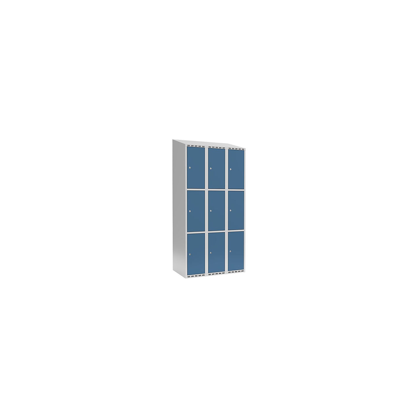 Fydor 3-fold compartment locker, 3 compartments, light grey / brilliant blue, W 900 mm, 3 compartments, sloping roof shape, cylinder lock.