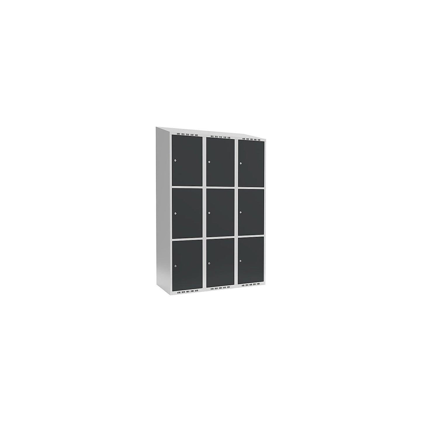 Fydor 3-fold compartment locker, 3 compartments, light grey / charcoal, W 1200 mm, 3 compartments, sloping roof shape, cylinder lock.