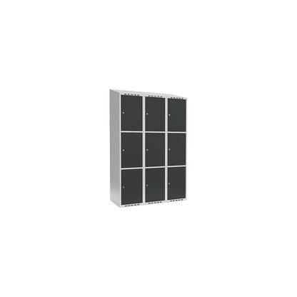 Fydor 3-fold compartment locker, 3 compartments, light grey / charcoal, W 1200 mm, 3 compartments, sloping roof shape, cylinder lock.