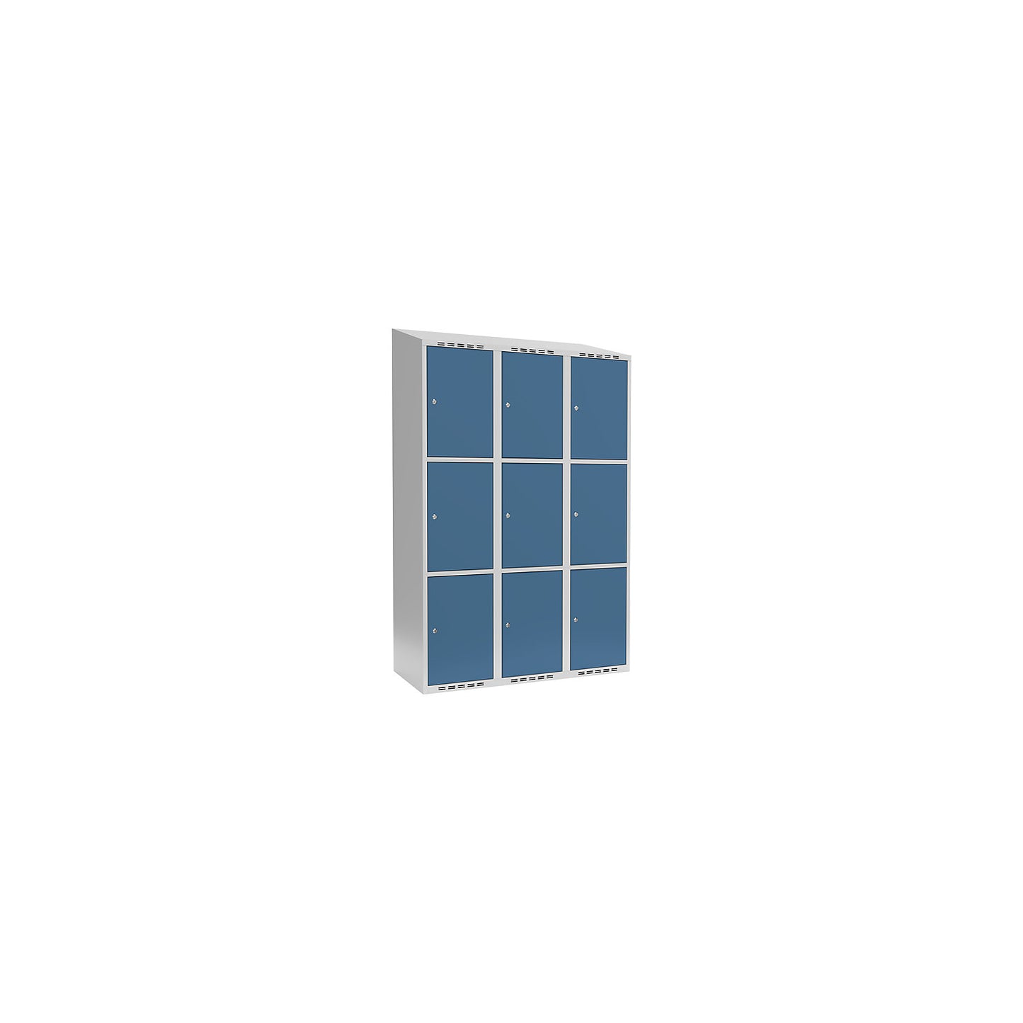 Fydor 3-fold compartment locker, 3 compartments, light grey / brilliant blue, W 1200 mm, 3 compartments, sloping roof shape, cylinder lock.