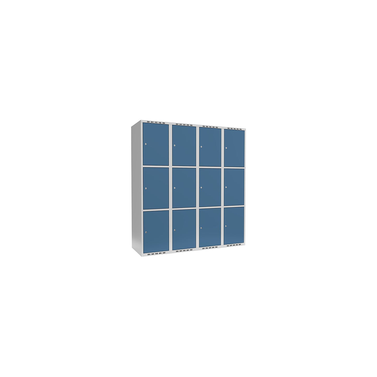 Fydor 3-fold compartment locker, 4 compartments, light grey / brilliant blue, W 1200 mm, 4 compartments, flat roof shape, cylinder lock.