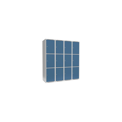 Fydor 3-fold compartment locker, 4 compartments, light grey / brilliant blue, W 1200 mm, 4 compartments, flat roof shape, cylinder lock.