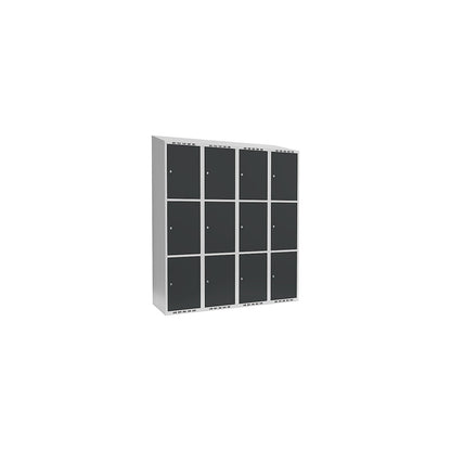 Fydor 3-fold compartment locker, 4 compartments, light grey / charcoal, W 1200 mm, 4 compartments, sloping roof shape, cylinder lock.