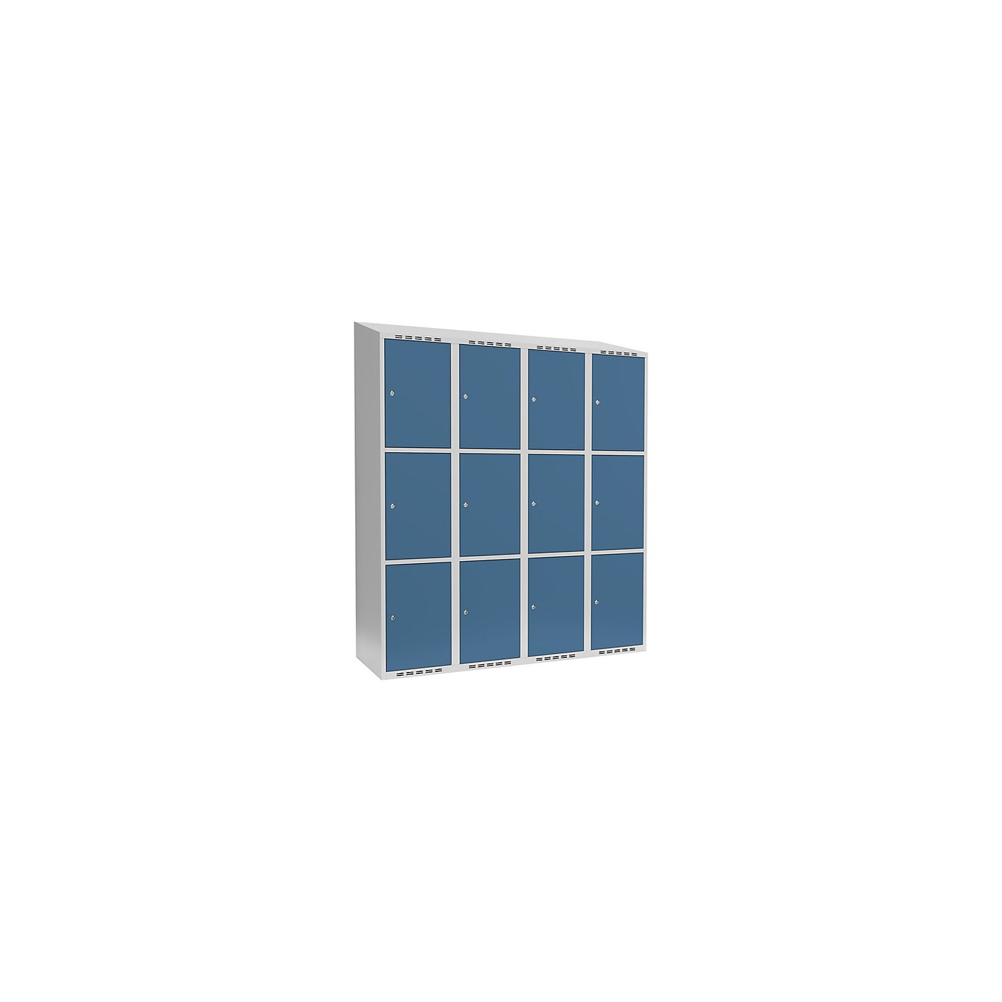 Fydor 3-fold compartment locker, 4 compartments, light grey / brilliant blue, W 1200 mm, 4 compartments, sloping roof shape, cylinder lock.