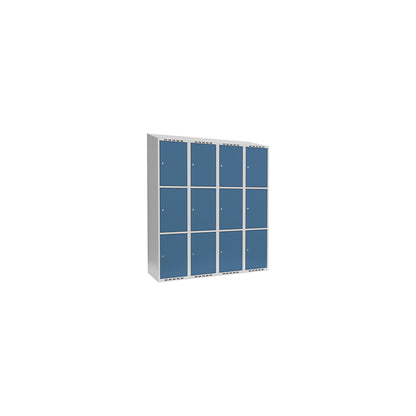 Fydor 3-fold compartment locker, 4 compartments, light grey / brilliant blue, W 1200 mm, 4 compartments, sloping roof shape, cylinder lock.