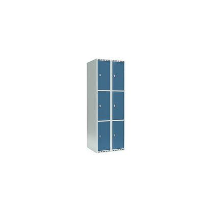 Fydor 3-fold compartment locker, 2 compartments, light grey / brilliant blue, W 600 mm, 2 compartments, flat roof shape, padlock.