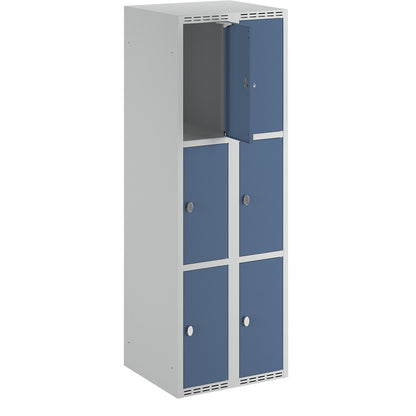 Fydor 3-fold compartment locker, 2 compartments, light grey / brilliant blue, W 600 mm, 2 compartments, flat roof shape, padlock.