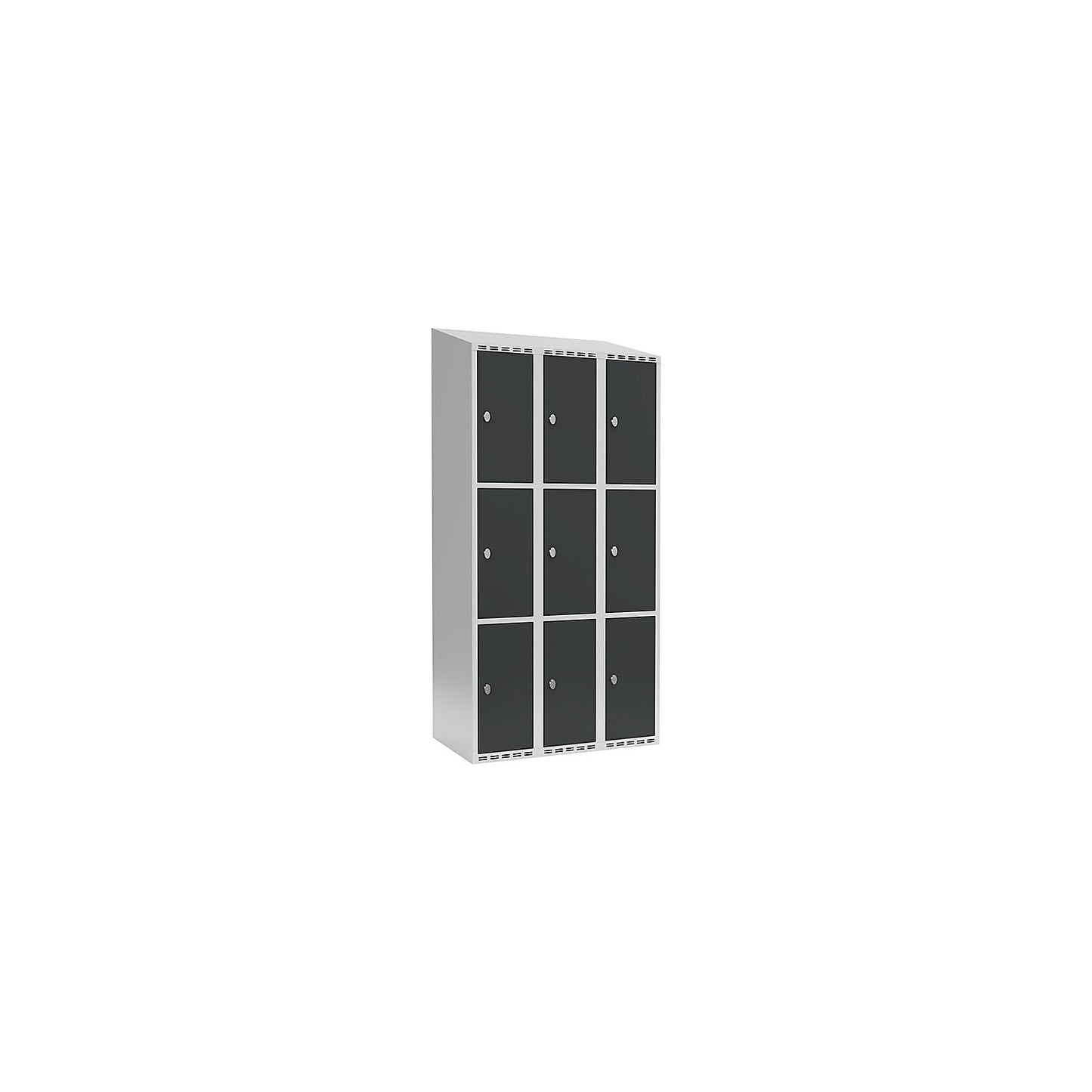 Fydor 3-fold compartment locker, 3 compartments, light grey / charcoal, W 900 mm, 3 compartments, sloping roof shape, padlock.
