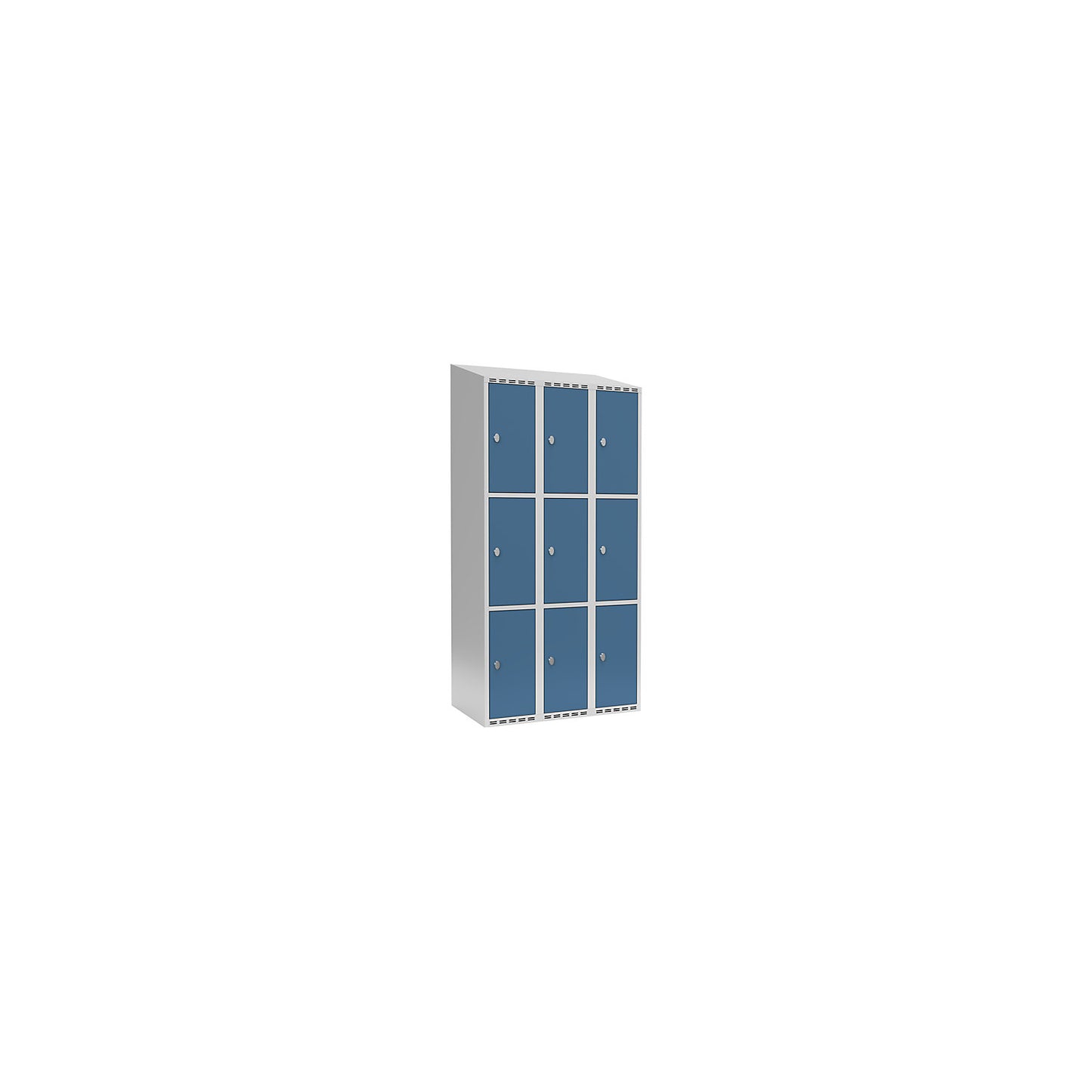 Fydor 3-fold compartment locker, 3 compartments, light grey / brilliant blue, W 900 mm, 3 compartments, sloping roof shape, padlock.