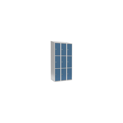 Fydor 3-fold compartment locker, 3 compartments, light grey / brilliant blue, W 900 mm, 3 compartments, sloping roof shape, padlock.