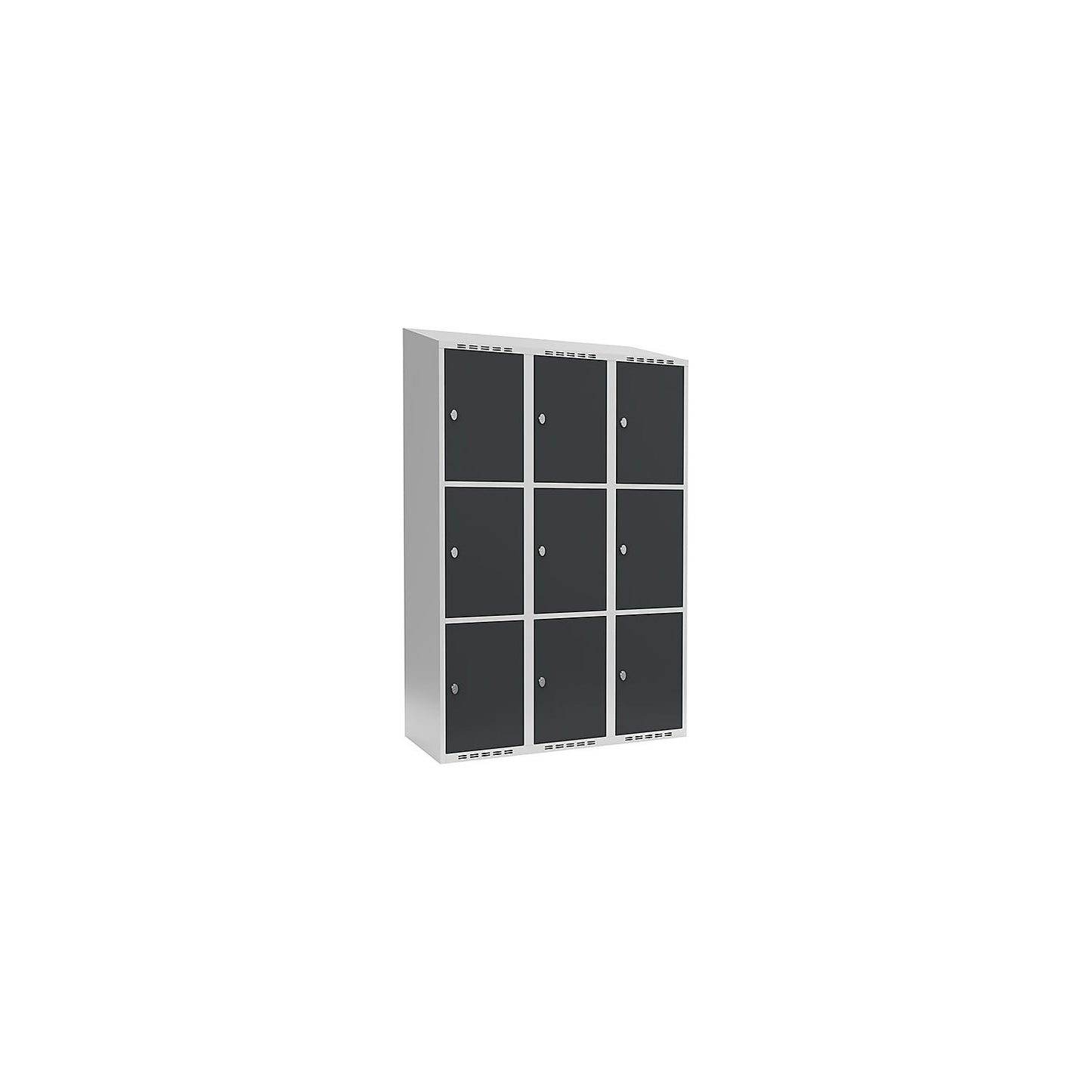 Fydor 3-fold compartment locker, 3 compartments, light grey / charcoal, W 1200 mm, 3 compartments, sloping roof shape, padlock.