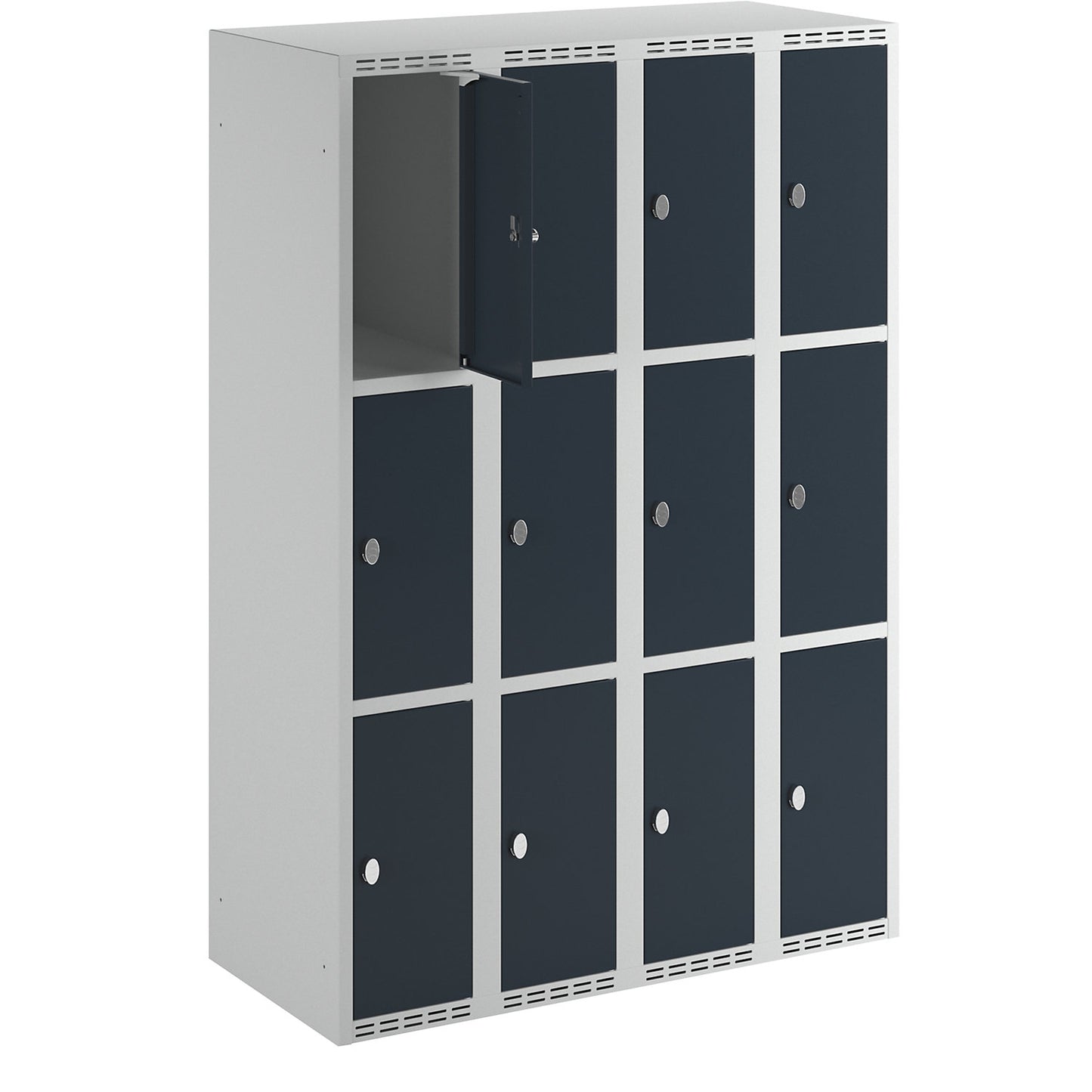 Fydor 3-fold compartment locker, 4 compartments, light grey / charcoal, W 1200 mm, 4 compartments, flat roof shape, padlock.