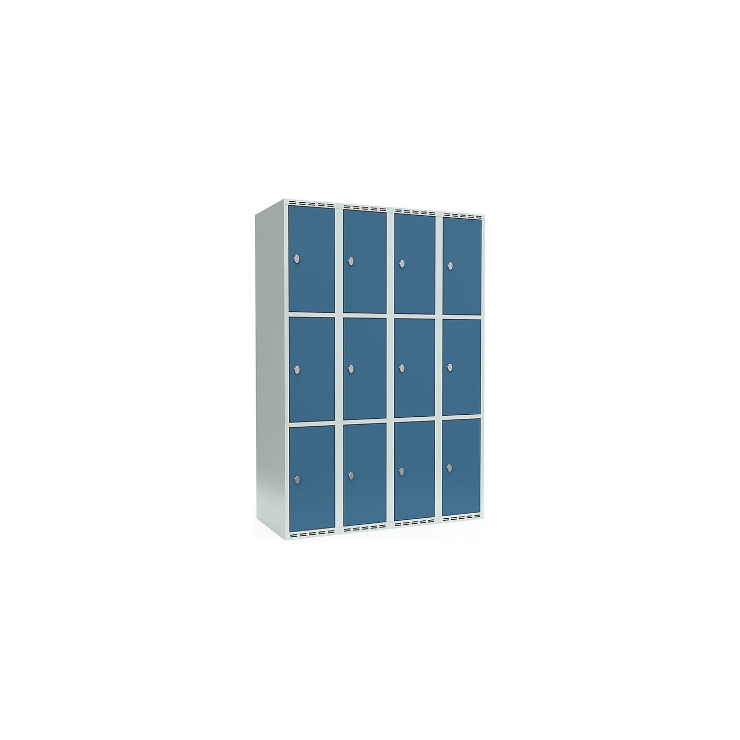 Fydor 3-fold compartment locker, 4 compartments, light grey / brilliant blue, W 1200 mm, 4 compartments, flat roof shape, padlock.