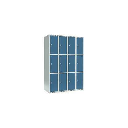 Fydor 3-fold compartment locker, 4 compartments, light grey / brilliant blue, W 1200 mm, 4 compartments, flat roof shape, padlock.