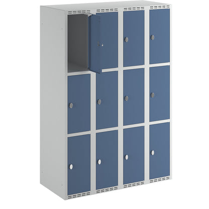 Fydor 3-fold compartment locker, 4 compartments, light grey / brilliant blue, W 1200 mm, 4 compartments, flat roof shape, padlock.