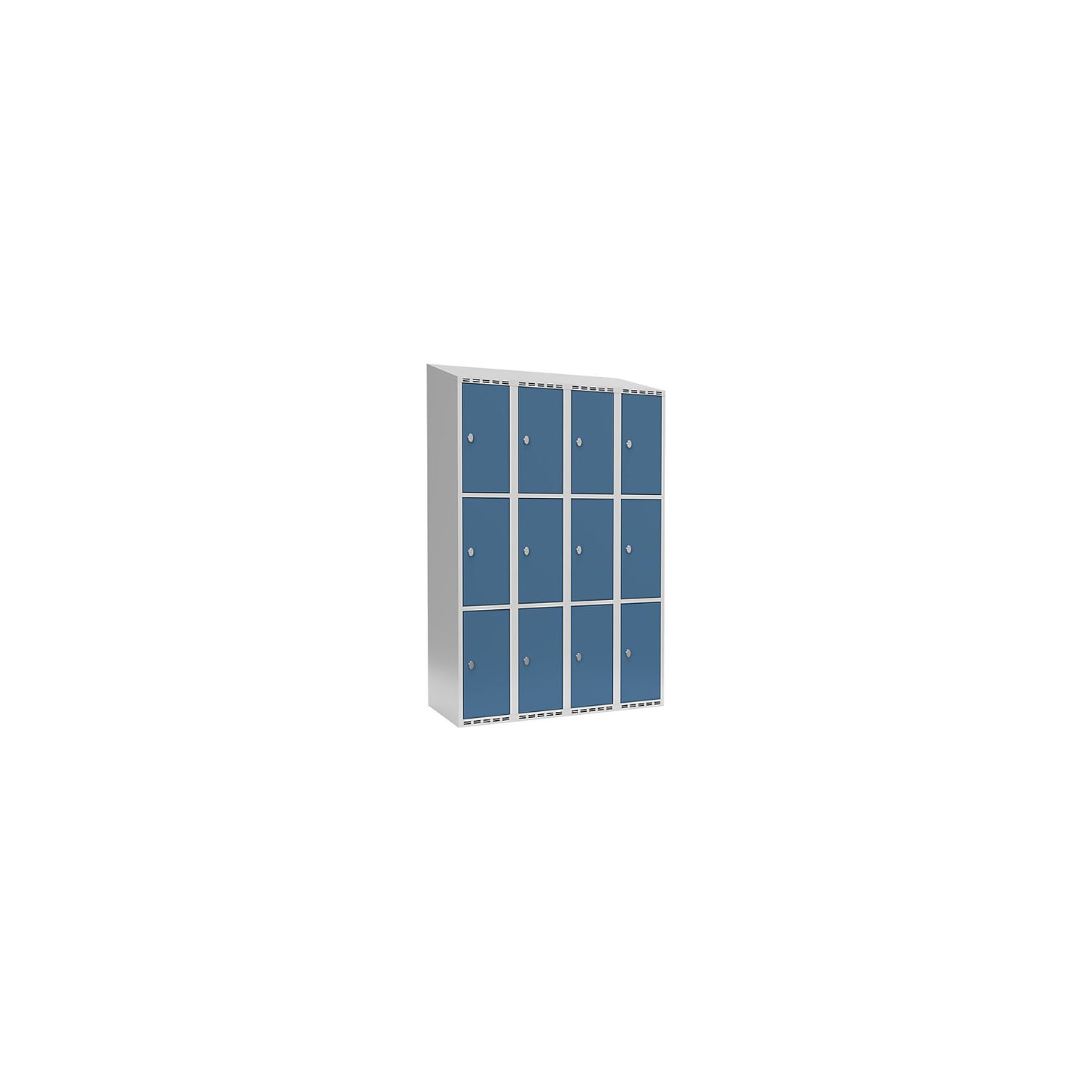 Fydor 3-fold compartment locker, 4 compartments, light grey / brilliant blue, W 1200 mm, 4 compartments, sloping roof shape, padlock.