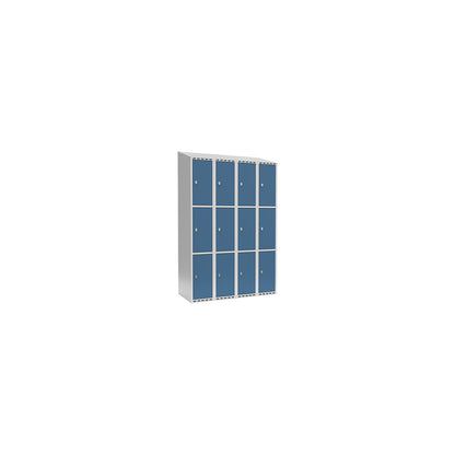Fydor 3-fold compartment locker, 4 compartments, light grey / brilliant blue, W 1200 mm, 4 compartments, sloping roof shape, padlock.