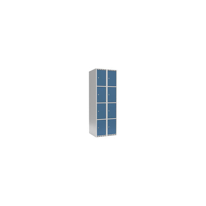 Fydor 4-fold compartment locker, 2 compartments, light grey / brilliant blue, W 600 mm, 2 compartments, flat roof shape, cylinder lock.