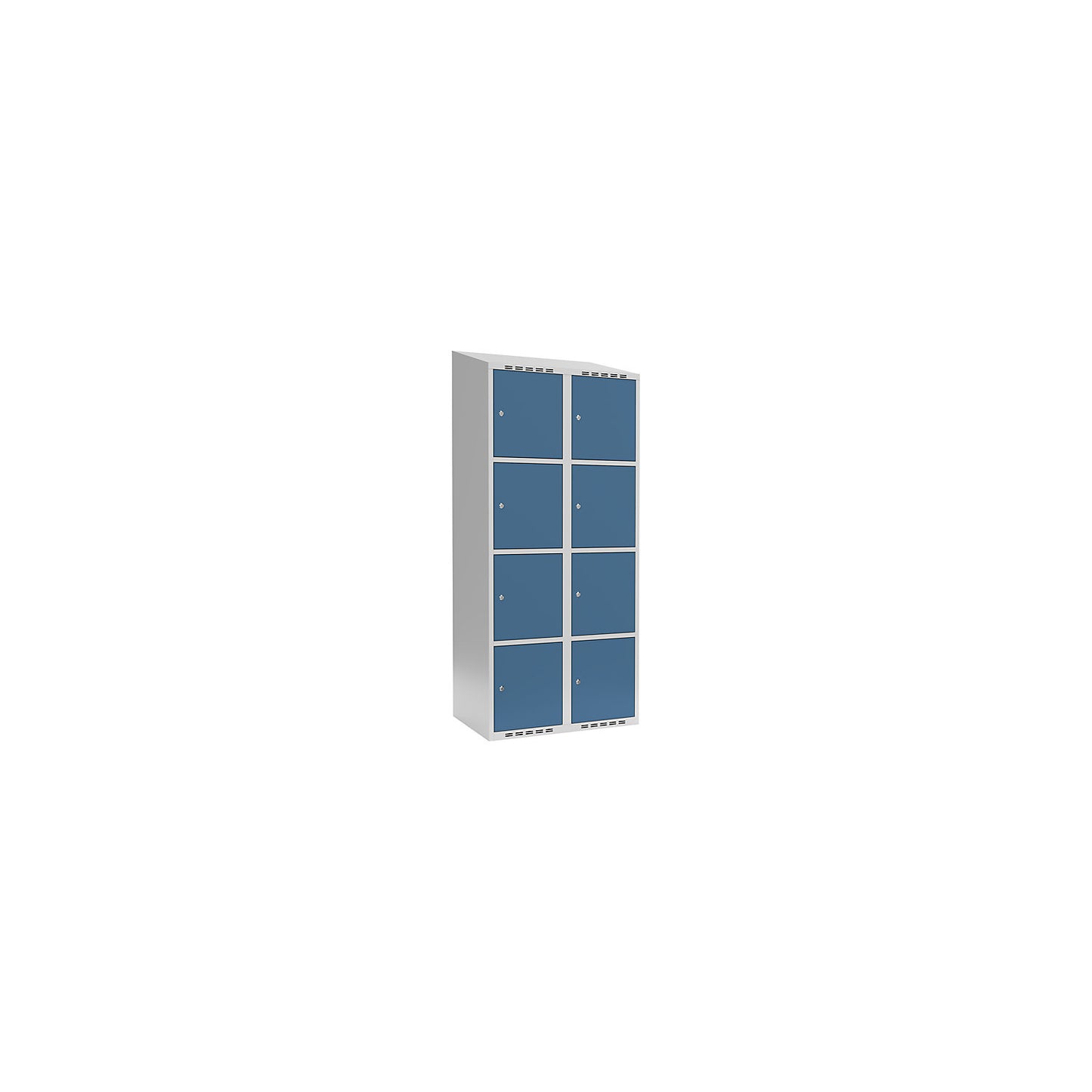 Fydor 4-fold compartment locker, 2 compartments, light grey / brilliant blue, W 800 mm, 2 compartments, sloping roof shape, cylinder lock.