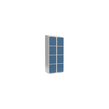 Fydor 4-fold compartment locker, 2 compartments, light grey / brilliant blue, W 800 mm, 2 compartments, sloping roof shape, cylinder lock.