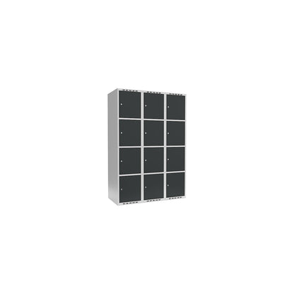 Fydor 4-fold compartment locker, 3 compartments, light grey / charcoal, W 1200 mm, 3 compartments, flat roof shape, cylinder lock.