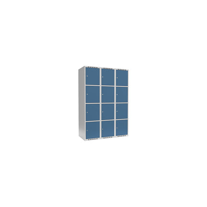 Fydor 4-fold compartment locker, 3 compartments, light grey / brilliant blue, W 1200 mm, 3 compartments, flat roof shape, cylinder lock.