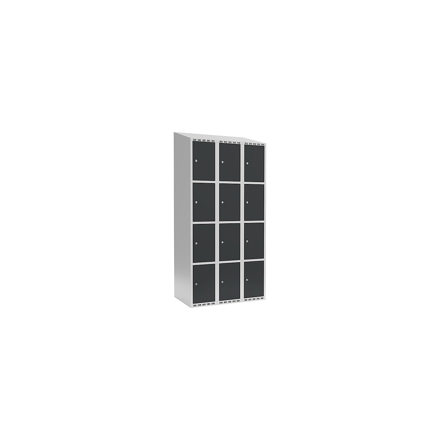 Fydor 4-fold compartment locker, 3 compartments, light grey / charcoal, W 900 mm, 3 compartments, sloping roof shape, cylinder lock.