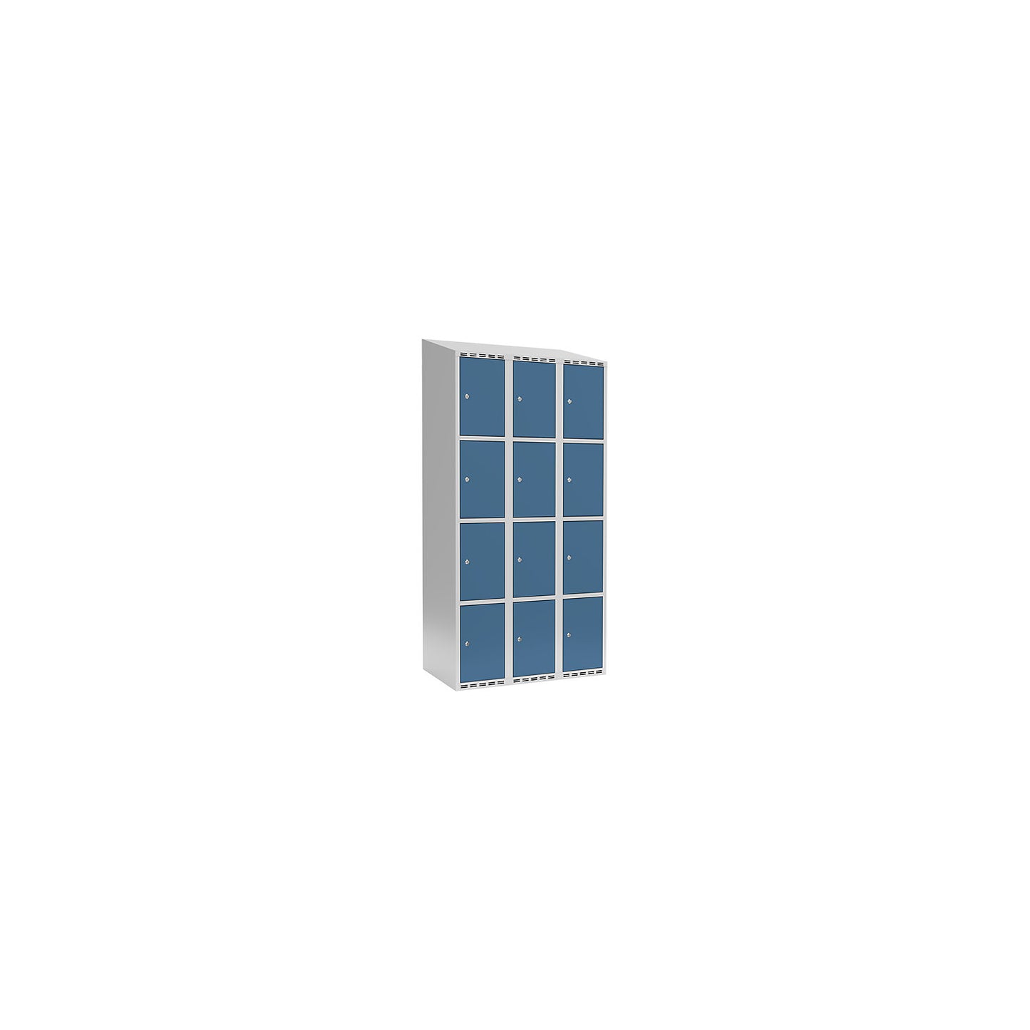 Fydor 4-fold compartment locker, 3 compartments, light grey / brilliant blue, W 900 mm, 3 compartments, sloping roof shape, cylinder lock.