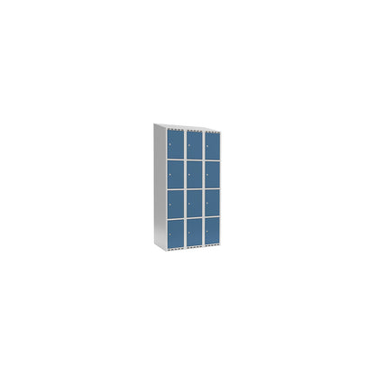 Fydor 4-fold compartment locker, 3 compartments, light grey / brilliant blue, W 900 mm, 3 compartments, sloping roof shape, cylinder lock.
