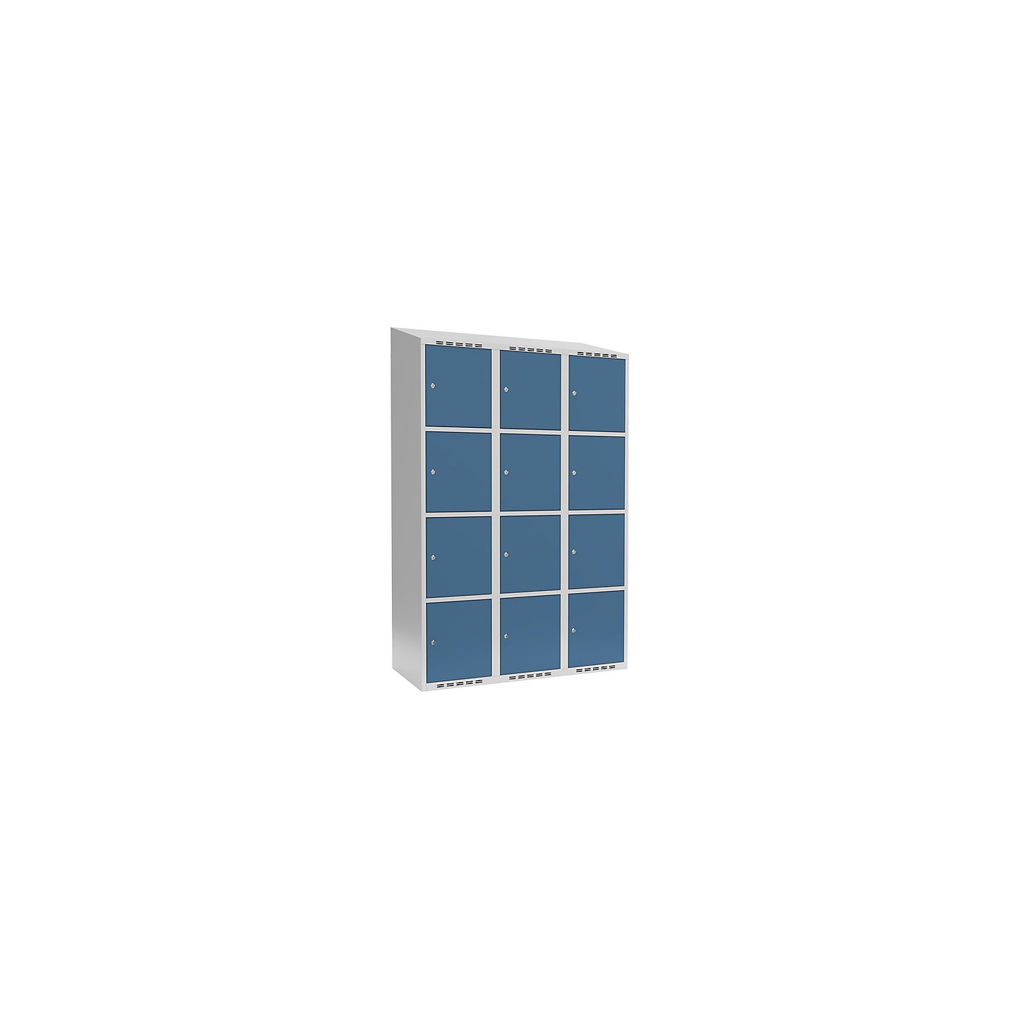 Fydor 4-fold compartment locker, 3 compartments, light grey / brilliant blue, W 1200 mm, 3 compartments, sloping roof shape, cylinder lock.