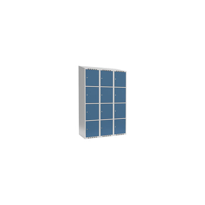 Fydor 4-fold compartment locker, 3 compartments, light grey / brilliant blue, W 1200 mm, 3 compartments, sloping roof shape, cylinder lock.