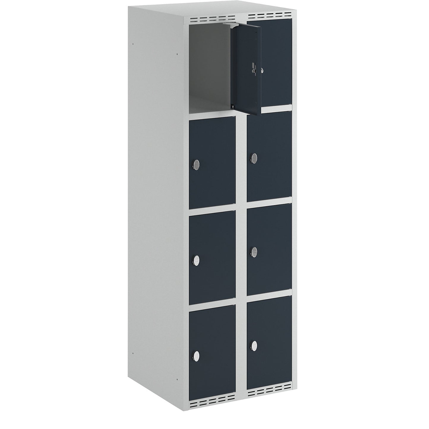 Fydor 4-fold compartment locker, 2 compartments, light grey / charcoal, W 600 mm, 2 compartments, flat roof shape, padlock.