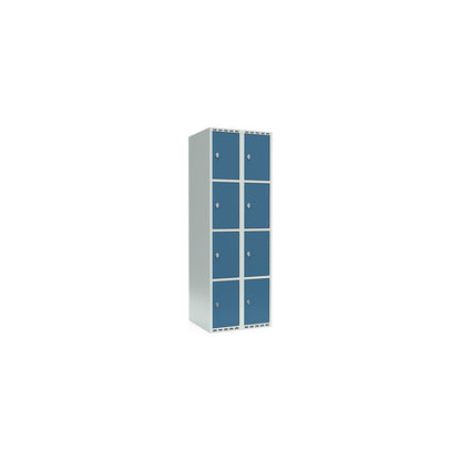 Fydor 4-fold compartment locker, 2 compartments, light grey / brilliant blue, W 600 mm, 2 compartments, flat roof shape, padlock.